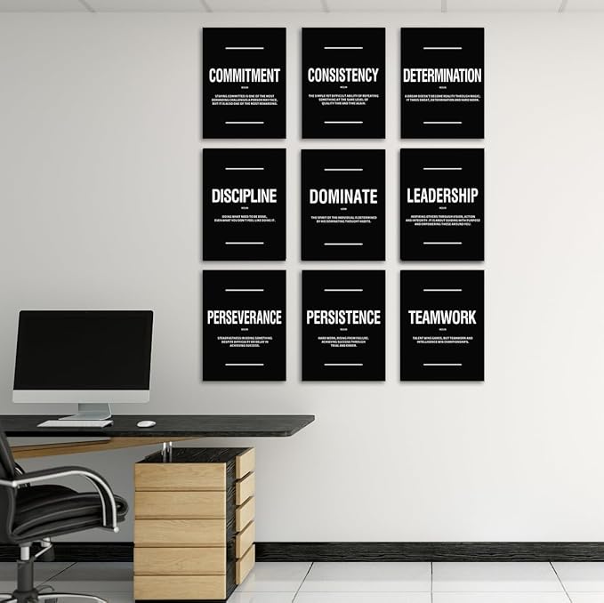 COSCTOR Set of 9 Motivational Wall Art Decor Inspirational Posters Quotes Framed Canvas Pictures Grind Hustle Execute for Workplace Office Garage Gym Classroom Bedroom(Framed,16x24)