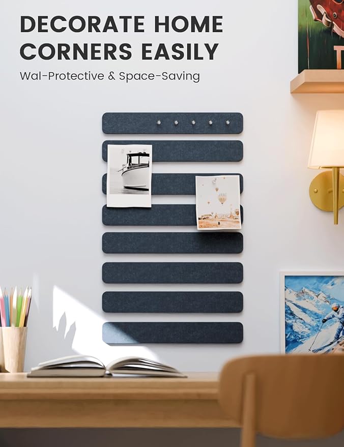 Fluxynara Cork Board Alternative Felt Strip Board 8-Pack 13"x2", Office Pin Board with 50 Push Pins, Adhesive Install for Bedroom Door & Home Office(Deep Charcoal Blue)