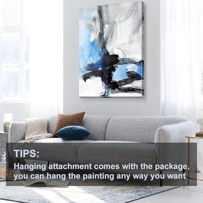 Large Abstract Canvas Wall Art Modern Aquarelle Art Paintings Black and Blue Fantasy Colorful Graffiti on White Background Minimalist Artwork Decor for Living Room Bedroom Corridor Framed 48x32in