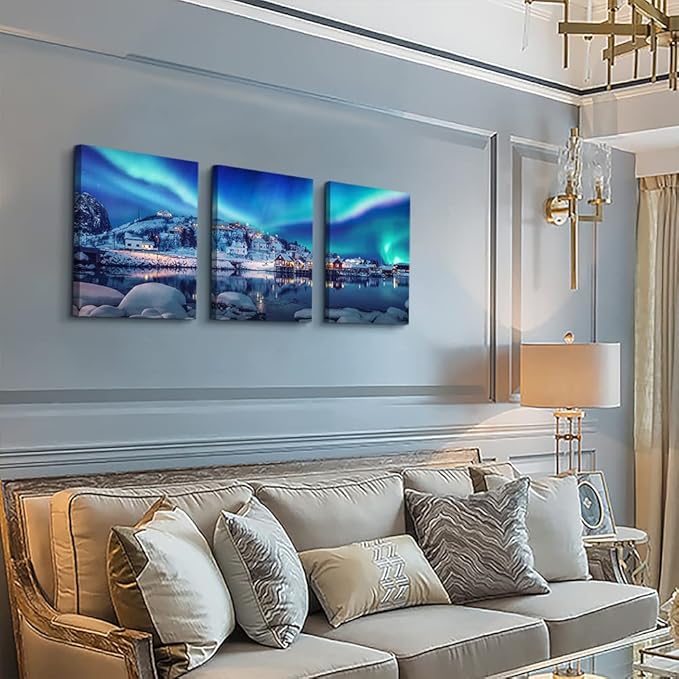 Aurora Landscape Canvas Wall Art - 3 Piece Stretched & Framed Wall Paintings Ready To Hang For Living Room, Bedroom & Office