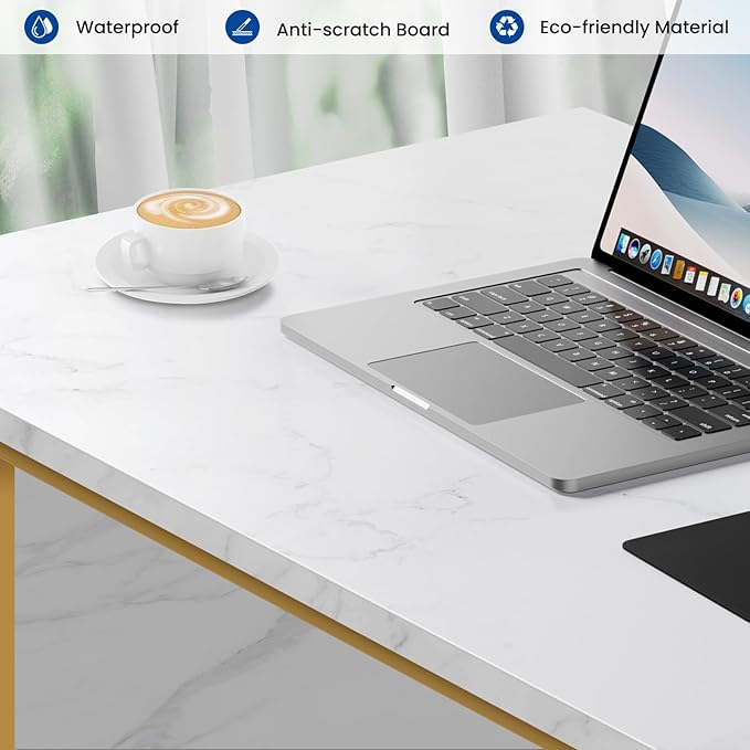 Computer Desk, 32 Inch Office Desk with Metal Frame, Home Office Desk, Modern Simple Style for Small Space Home Office, Living Room, Bedroom, White Gold