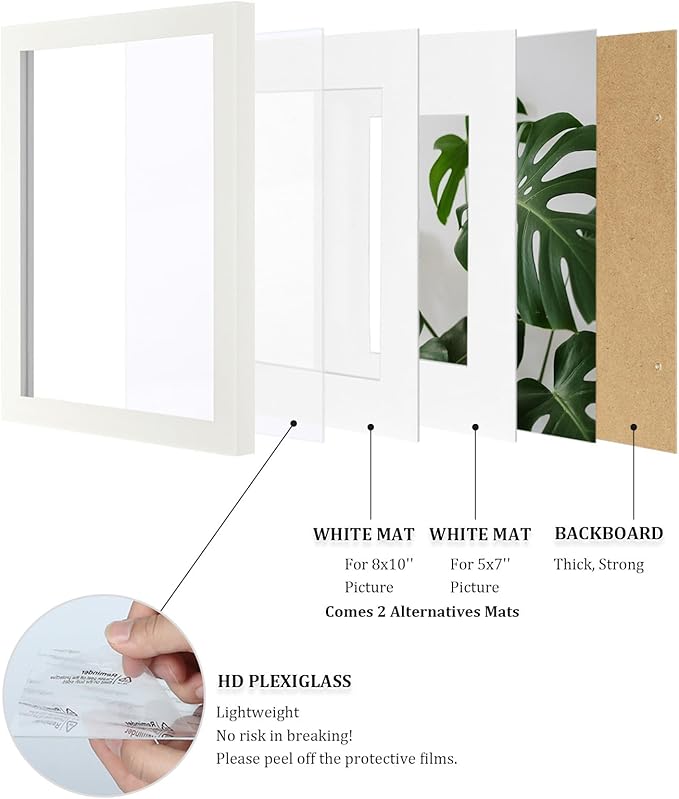 Egofine 11x14 Picture Frames 4PCS Covered by Plexiglass, Made of Solid Wood, Display Pictures 8x10/5x7 with Mat or 11x14 Without Mat for Table Top and Wall Mounting, White with Texture