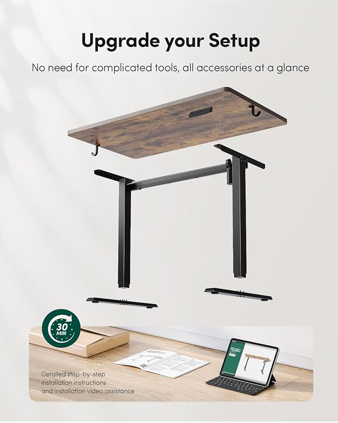 CubiCubi 32 x 20 Small One-Piece Standing Desk, Adjustable Height Electric Computer Home Office Sit Stand up Workstation, with 4 Memory Presets, Headphone Hook, Rustic Brown