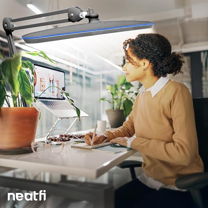 Neatfi XL 2,200 Lumens 20W LED Task Lamp – 23” Ultra-Wide Head | 182 SMD LEDs | 4 Brightness Levels | 3 Light Modes | Eye-Caring, Glare-Free | Adjustable Arm (Silver, CCT with Clamp)