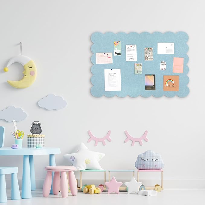 Scalloped Felt Bulletin Board 24 x 18 Inches Foldable Light Blue Pin Cork Board Alternative for Wall, 2' x 1.5' Trifold Picture Vision Self Adhesive Bulletin Decorative
