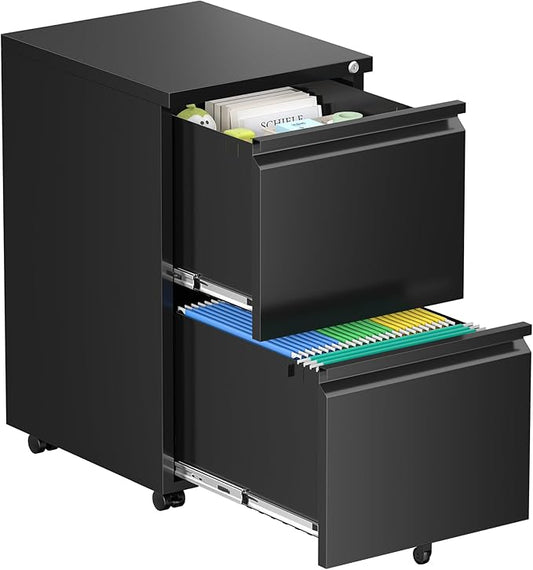 Oakcloud 2 Drawer Mobile File Cabinet for Home Office, Roller Metal Vertical File Storage for A4/F4/Letter/Legal Size, Easy Assemble (Black)