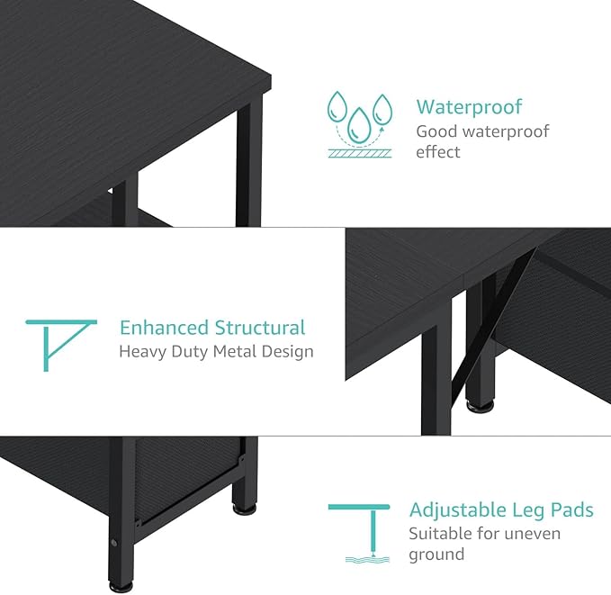 Lufeiya L Shaped Gaming Desk with Led Lights and Power Outlets, 48 Inch Corner Home Office Desk with Monitor Stand Shelves, Writing Study Computer Desks with Fabric Drawers for Bedroom, Black