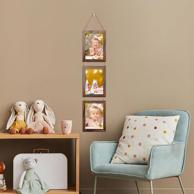 Lavezee 5x7 Picture Frames Collage Walnut Brown, 3 Opening 5 x 7 Hanging Picture Frames Vertical for 5 by 7 Inch Photos for Wall Decor