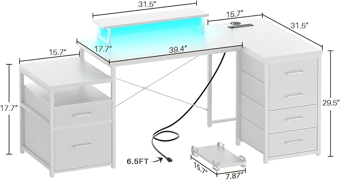 Unikito 70.8" Reversible L Shaped Computer Desk with Fabric File Drawers, Corner Desks with RGB LED Light & Power Outlets & Monitor Stand, Large Gaming Desk for Home Office Workstation, White
