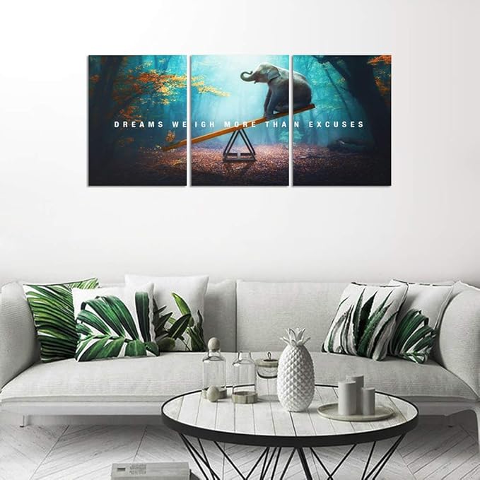 Unbruvo Elephant Wall Art for Office, Motivational Inspirational Canvas Wall Art, 3 Pieces Elephant Painting Prints Wall Decor for Living Room Bedroom Classroom Dorm(36”Wx16”H)
