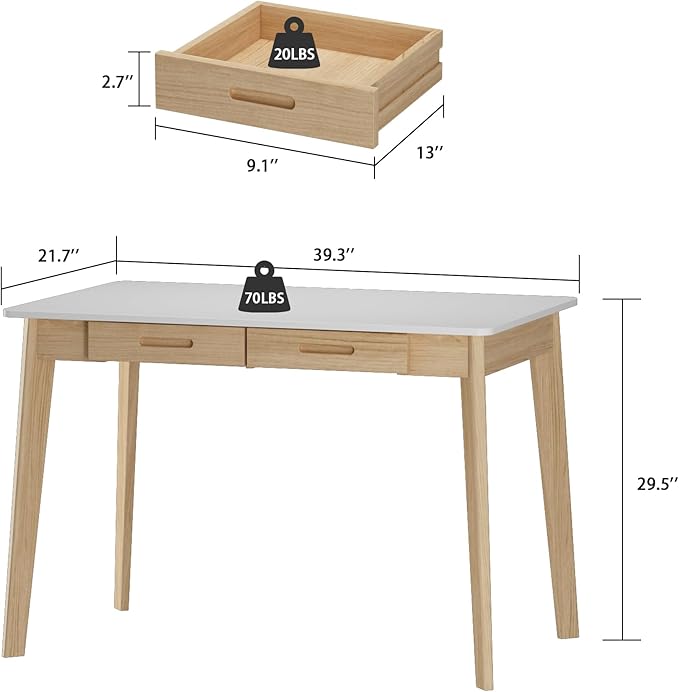 Home Office Computer Desk Coner Desk with 2 Drawers, Study Writing Table for Home Office, Study, White & Natural (39.3 ”W x 23.6”D x 29.1”H)