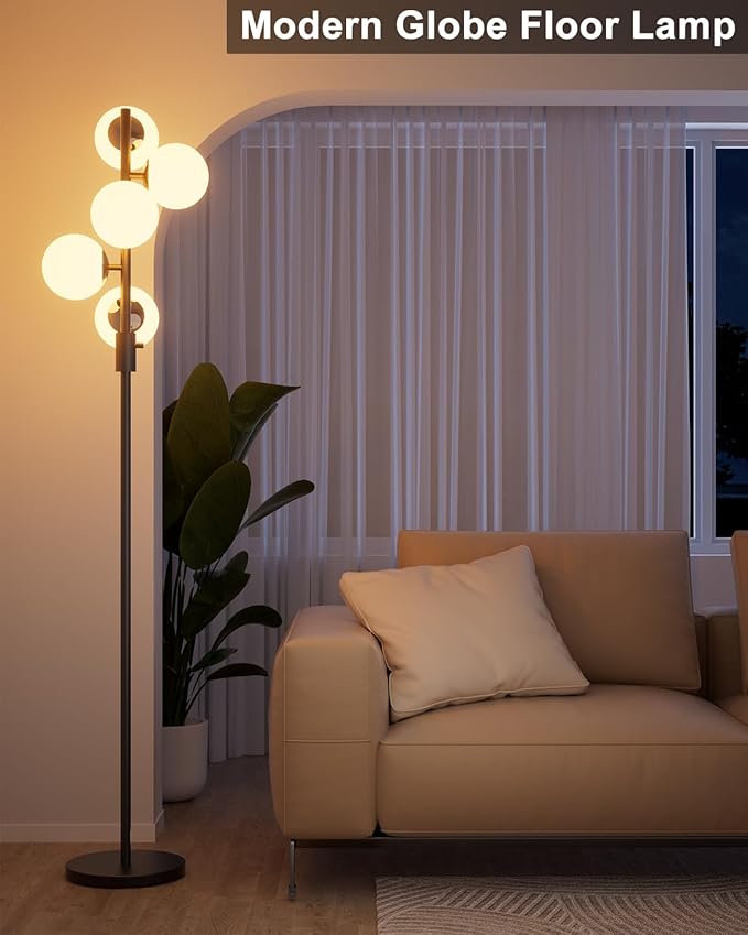Lightdot 5-Globe Dimmable Globe Floor Lamp Black Standing Lamps with 5Pcs 3000K Bulbs Included Brightness Adjustable Retro Mid Century Modern Floor Lamp for Living Room/Sofa Beside/Corner Decor
