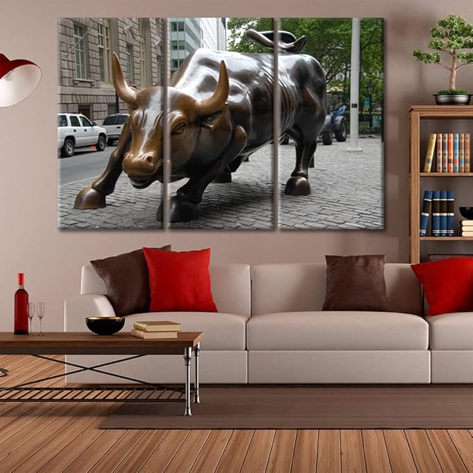 TUMOVO Wall Street Bull Picture Photography Poster Wall Decor America Famous Attractions Print On Canvas for Home Bedroom Living Room Office Decor Stretched Framed Ready to Hang - 42" Wx28 H