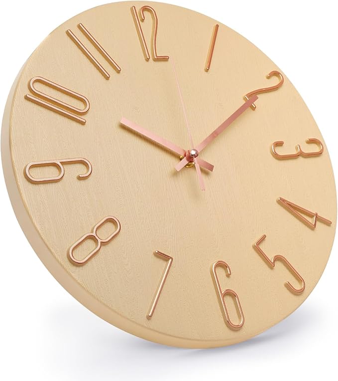 Wall Clock 12 Inch Silent Non-Ticking Imitation Wood Indoor Clock Round Beige Decor Clock Modern 3D Figures Quartz Wall Clocks for Home, Hotel, Office, School