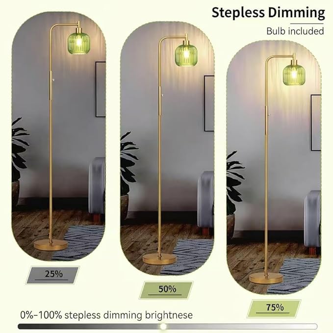 Glass Floor Lamp for Living Room, Dimmer Standing Lamp with Green Ribbed Lampshade,66” Tall Lamp & Gold Floor Lamp for Bedroom Study Room,Brushed Gold (Drum Green Glass Shade)