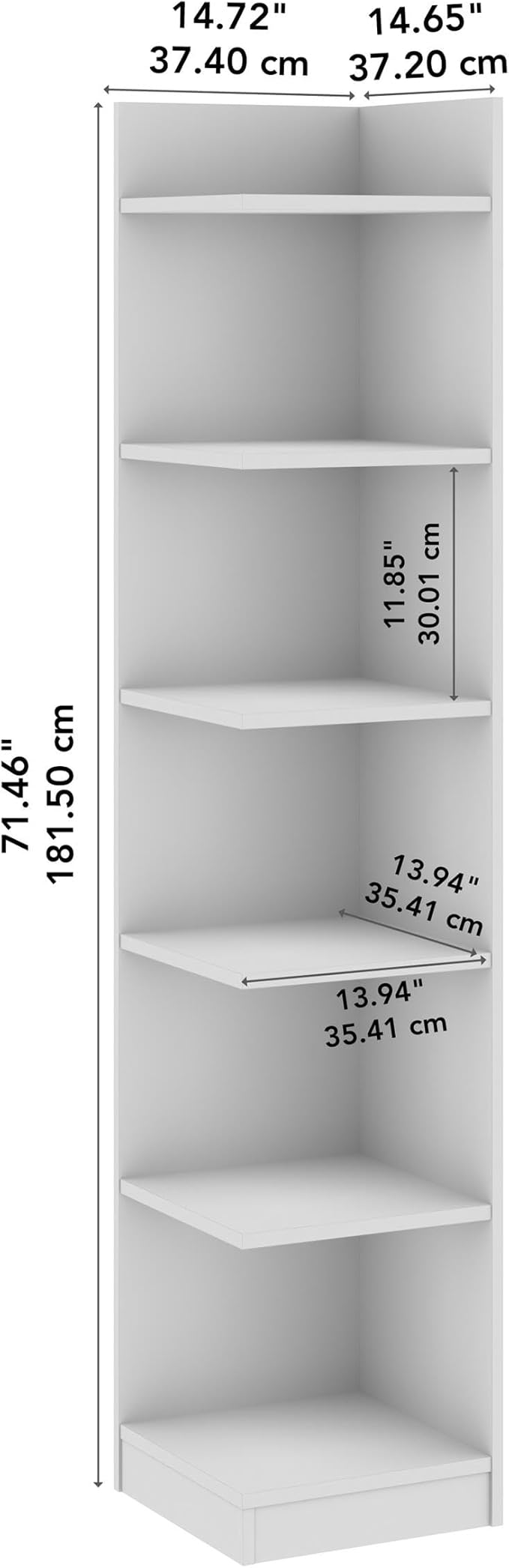 Bush Home Universal 15W Tall Corner Bookshelf in White, 6 Shelf Narrow Bookcase for Home Office Storage or Living Room Organization