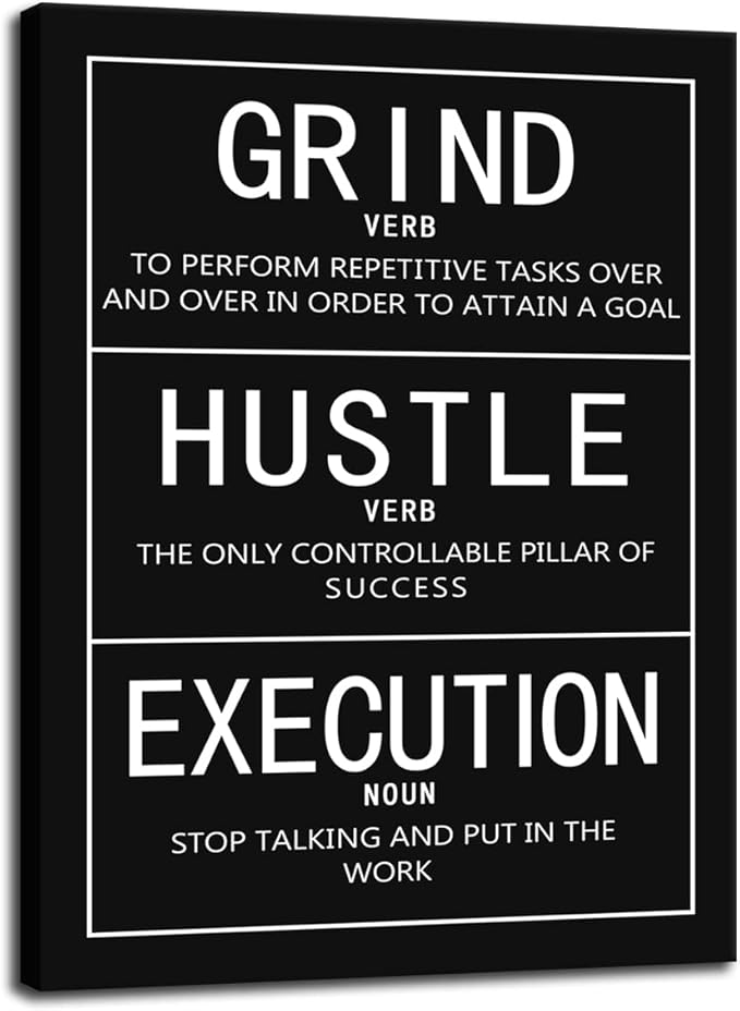 Grind Verb Hustle Verb Execution Noun Motivational Quotes Exercise Canvas Wall Art Inspirational Fitness Poster Print Painting Framed Artwork for Office Gym Home Wall Decor[18" W x 24" H]
