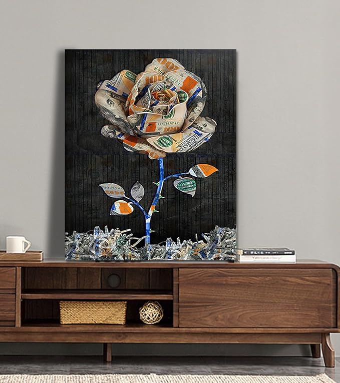 Motivational Wall Art Rose Dollar Bill Design Canvas Print Floral Money Pattern Clipart Picture Inspirational Office Theme Decor Modern Home Art Ready to Hang 18x24 inch
