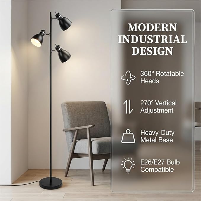 FIRVRE Modern Tree Floor Lamp for Living Room,Industrial 3-Light Standing Lamp, Black Adjustable Rotation Heads, Standing Tall Pole Lamp Farmhouse Rustic Reading Lamps for Bedroom Office