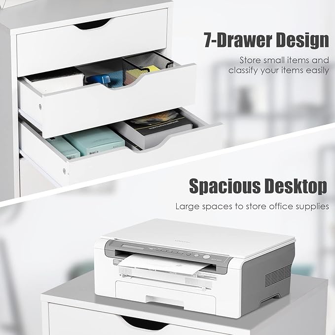 7 Drawers Filing Cabinet, Vertical File Cabinet for Home Office, Mobile Under Desk Office Storage Cabinets with Wheels (White, 7 Drawers)