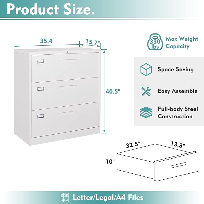 MIIIKO Lateral File Cabinet 3 Drawer, White Metal Filing Cabinet with Lock Lock for Home Office, Large Storage File Organizer for Hanging File Folders,Easy Assemble