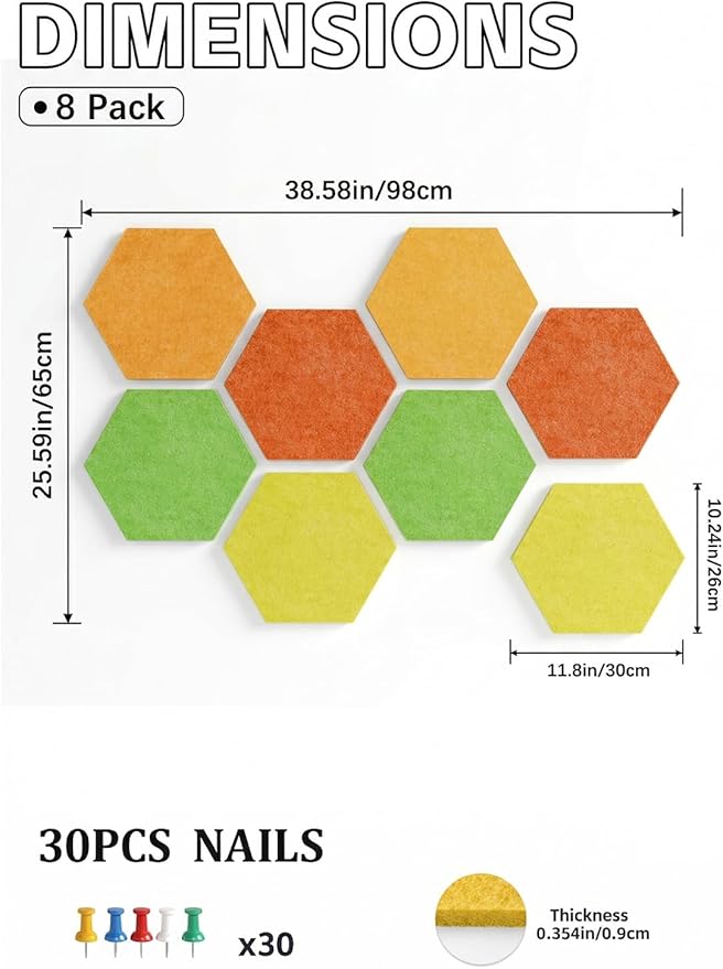 8 Pack Hexagon Felt Bulletin Board Tiles - 11.8" Large Thick Pin Board for Walls with 30 Push Pins, DIY Boards for Office Home School Decor, Aesthetic Hex Cork Board Alternative