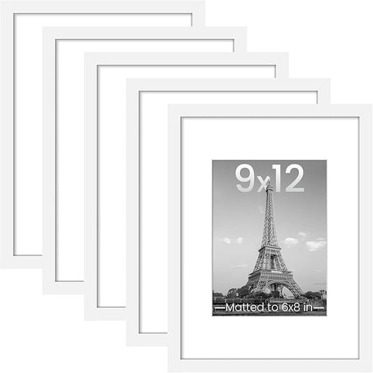 upsimples 9x12 Picture Frame Set of 5, Display Pictures 6x8 with Mat or 9 x 12 Without, Wall Gallery Photo Frames, White