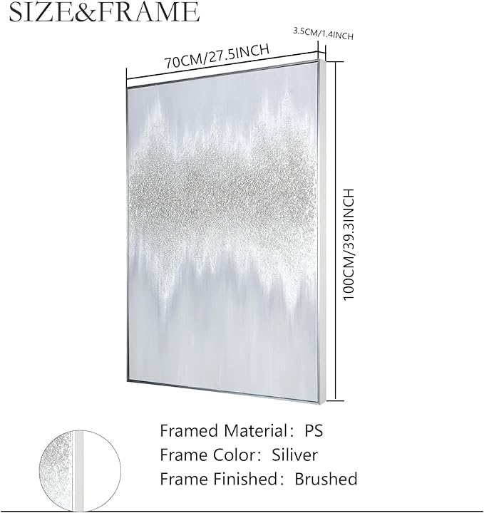 Silver Abstract Wall Art Decor - Grey Hand-Painting Embellished with Sand Grain and Glitter in Metallic Hues, Brilliant Modern Abstract Canvas for Living room, Bedroom Decor, 28" x 40", Framed