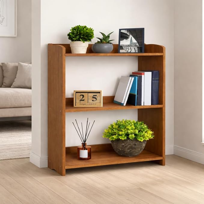 Narrow Bookcase by Natural Wood, 4 Tier Bookshelf, Small Book Shelves Freestanding Display Storage Shelves. Open Bookshelf for Bedroom, Living Room and Office (Brown, 3 Tier Simple)