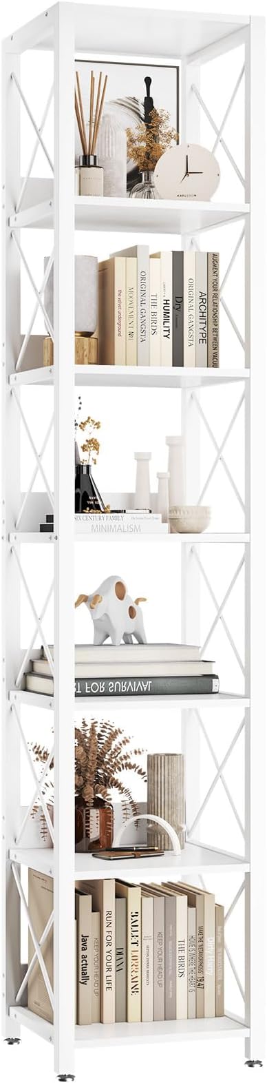 IBUYKE 6-Tier Tall Narrow Bookcase,Wood Corner Shelf Storage Display Rack for Small Spaces,Free Standing Open Bookshelf Square Shelf Tower for Home Office Living Room Bathroom, White UTBC001W