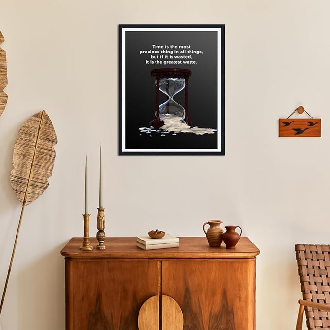 Office Framed Wall Art, Cherish Your Time Motivational Quote for Entrepreneurs, Inspirational Canvas Print Business Decor, Ready to Hang, 12.5x16.5 Inches