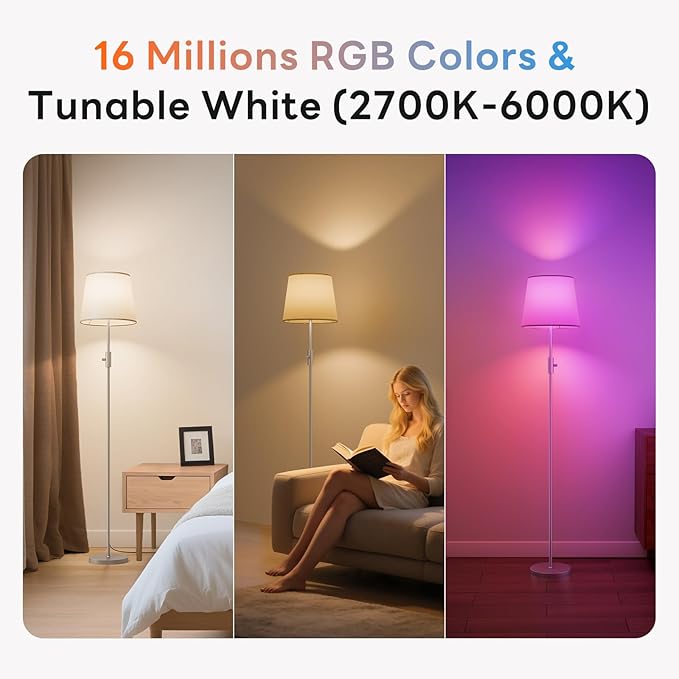 Smart Floor Lamp with RGBCW Color Change Bulb, Compatible with Alexa, Siri, Google Voice & App Control, Standing Lamp with Linen Shade, Tall Lamp for Living Room, Bedroom, Office,Silver