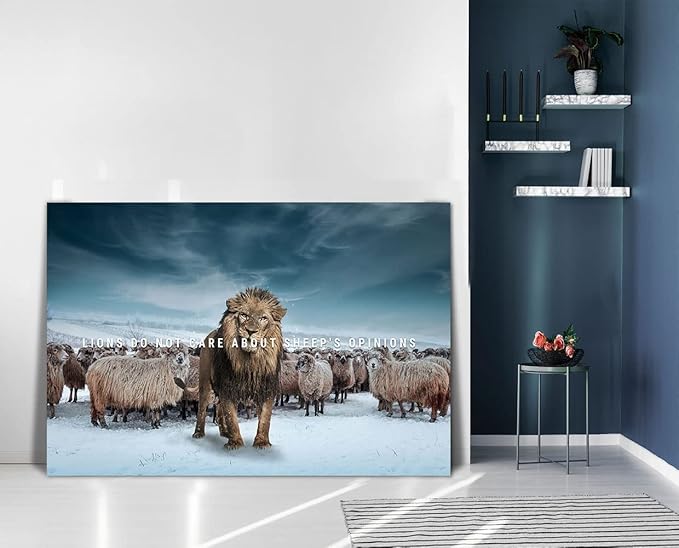 Lion Do Not Care About Sheep's Opinions-Motivational Successful Entrepreneur Quotes Wall Art Inspiring Office Decor for Walls Lion and Sheeps Artwork for Office Framed Easy to Hang, 44" Wx28 H