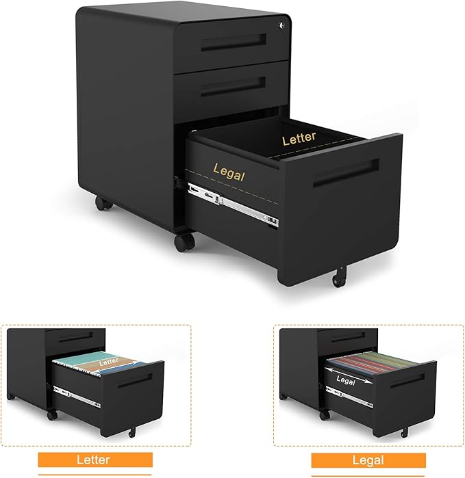 Bonnlo 23.8" H 3 Drawer Rolling File Cabinet With Lock, Mobile Under Desk With Pencil Tray, Black Locking for Home Office, Metal Filing Printer Stand Fully Assembled