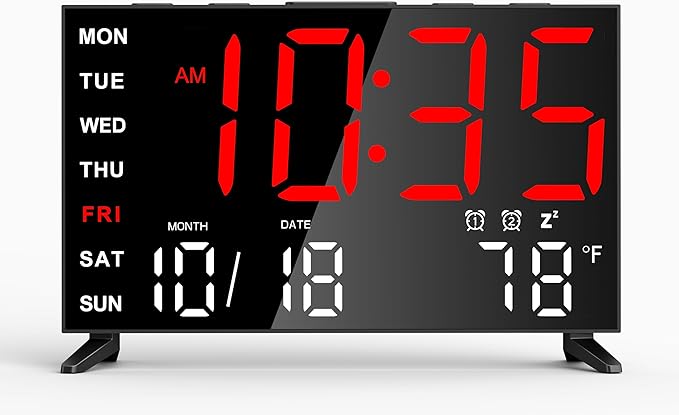 Mirror Digital Loud Alarm Clock,Indoor Temperature,USB Charging Port,Dimmer,Dual Alarms,Adjustable Volum,12/24H,Snooze,Perfect for Bedroom and Living Room (Black+Red Digit)