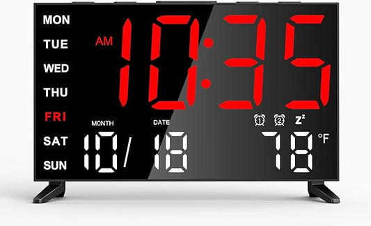Mirror Digital Loud Alarm Clock,Indoor Temperature,USB Charging Port,Dimmer,Dual Alarms,Adjustable Volum,12/24H,Snooze,Perfect for Bedroom and Living Room (Black+Red Digit)