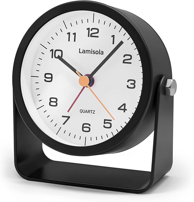 3.5 Inch Small Desk Alarm Clock, Battery Operated Analog Silent Clock with Night Light, Retro Vintage Metal Bedside Clock for Bedroom, Office, Bathroom, Dorm, Shelf, Table - Black