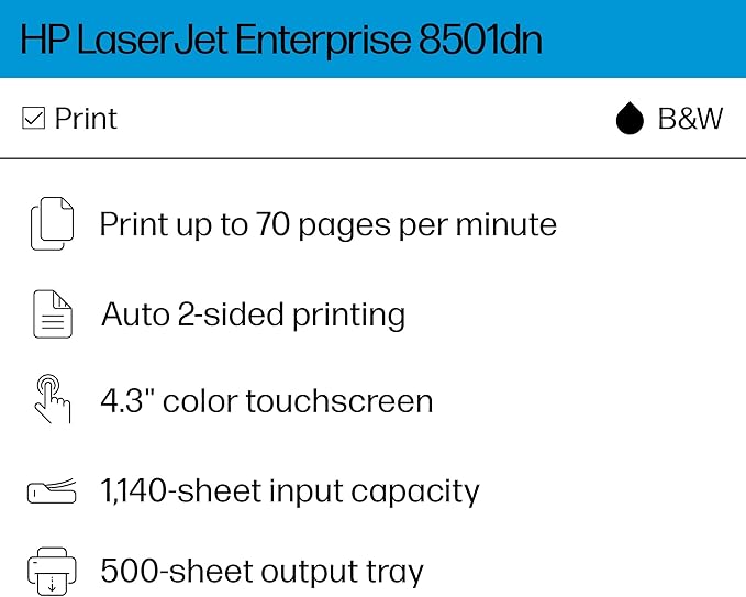 HP LaserJet Enterprise 8501dn Monochrome Printer, Scanner, Copier, Duplex, Best for Office, 9S187A
