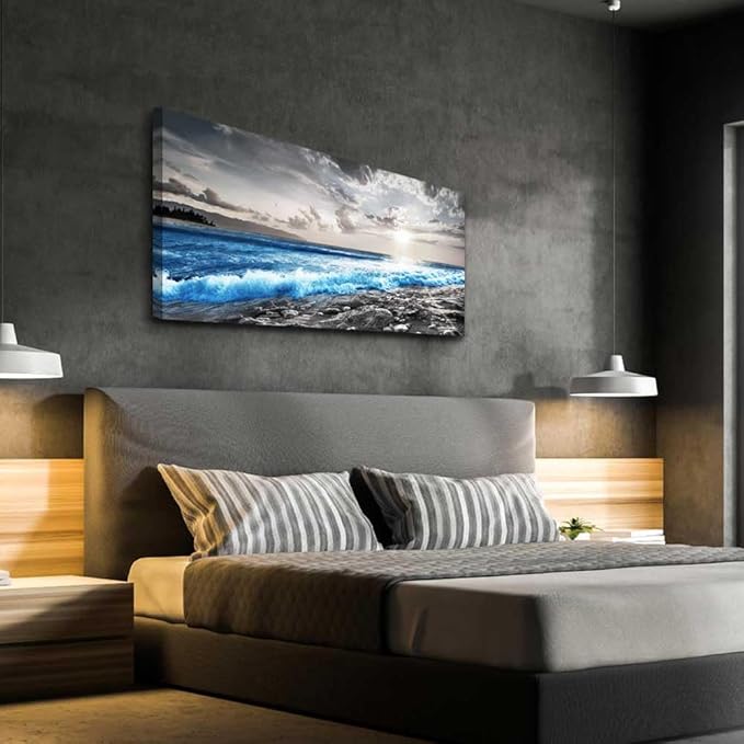 hyidecorart Wall Decor For Living Room Framed Canvas Wall Art For Office Bedroom Decorations Blue Ocean Wall Painting Black and White Beach Pictures Artwork Modern Mural Home Walls Decor