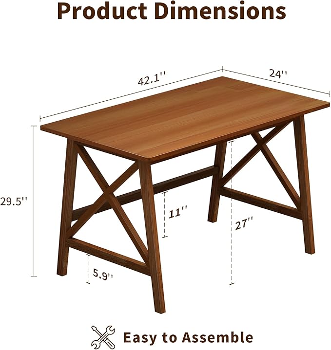 Modern Solid Wood Desk - 42" Simple Computer Table for Home Office Study Writing Workstation in Walnut, 42" W x 24" D
