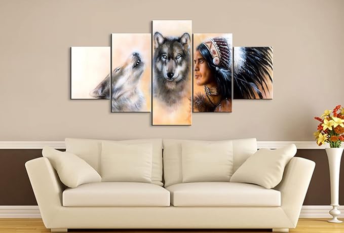5 Pieces Native American Decor Indian Decor Chief with Wolves Poster Indian Wall Decor Native American Wall Decor Indian Wall Art Native American Art Indian Art for Living Room Decor (60''W x 32''H)