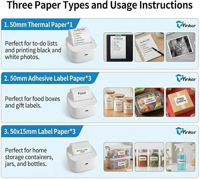 Mini Sticker Printer, Portable Bluetooth Thermal Printer with 7 Rolls Paper & 6 Colored Pencils, Inkless Label Maker for Home Office Study, USB-C Rechargeable, Ideal Gift for Teen Girls Boys