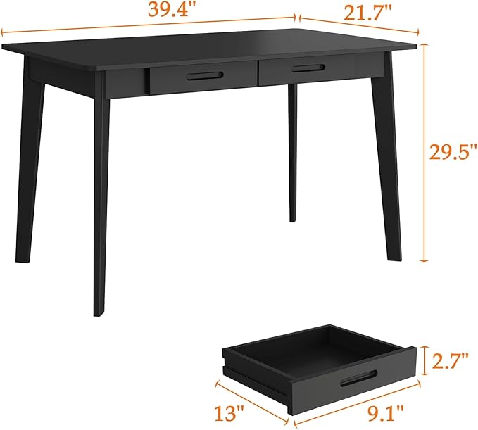 40 Inch Compact Computer Gaming Desk, Black Study Work Office Desk with 2 Storage Drawers, Rectangular Study Reading Table, Simple Computer Writing Table for Home Office, Living Room