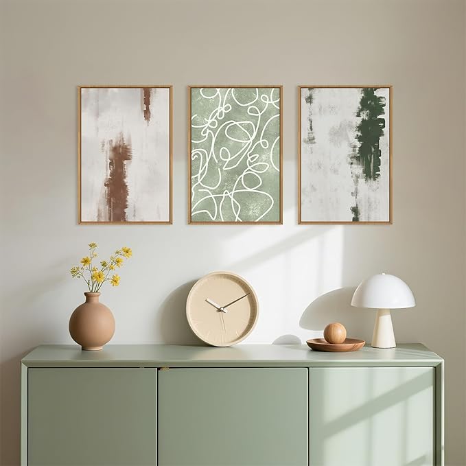 Large Abstract Green Brown Geometric Framed Canvas Wall Art Set,Minimalist Neutral Brush Stroke Wall Decor,Modern Watercolor White Curved Lines Artwork for Living Room,Bedroom,Office-24 x36 x3