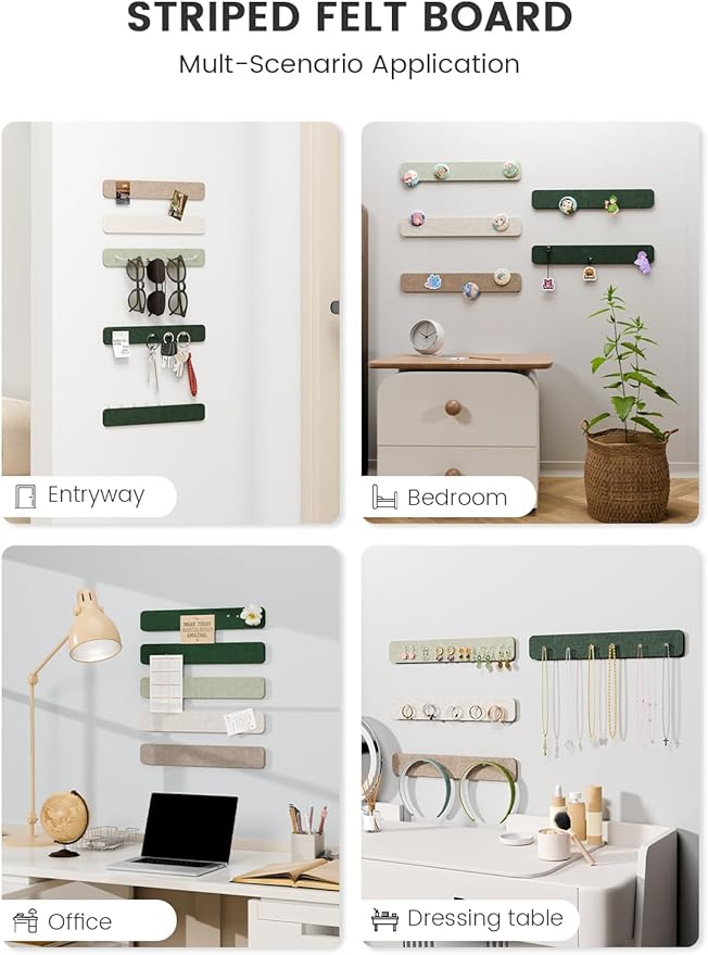Fluxynara Cork Board Alternative Felt Strip Board 5-Pack 13"x2", Office Pin Board with 35 Push Pins, Adhesive Install for Bedroom Door & Home Office(Nordic Moss)
