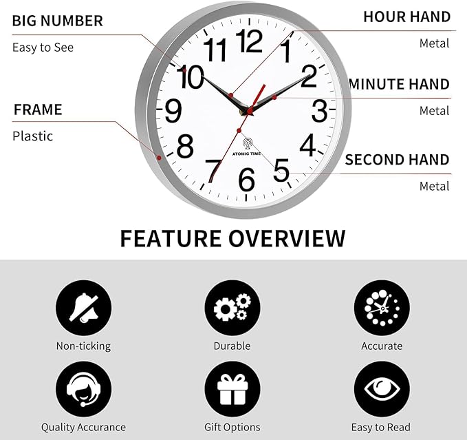 Atomic Wall Clock Modern 10 Inch Battery Operated Analog Clock Decorative for Bedroom Kitchen Bathroom Office Home Living Room (Silver)