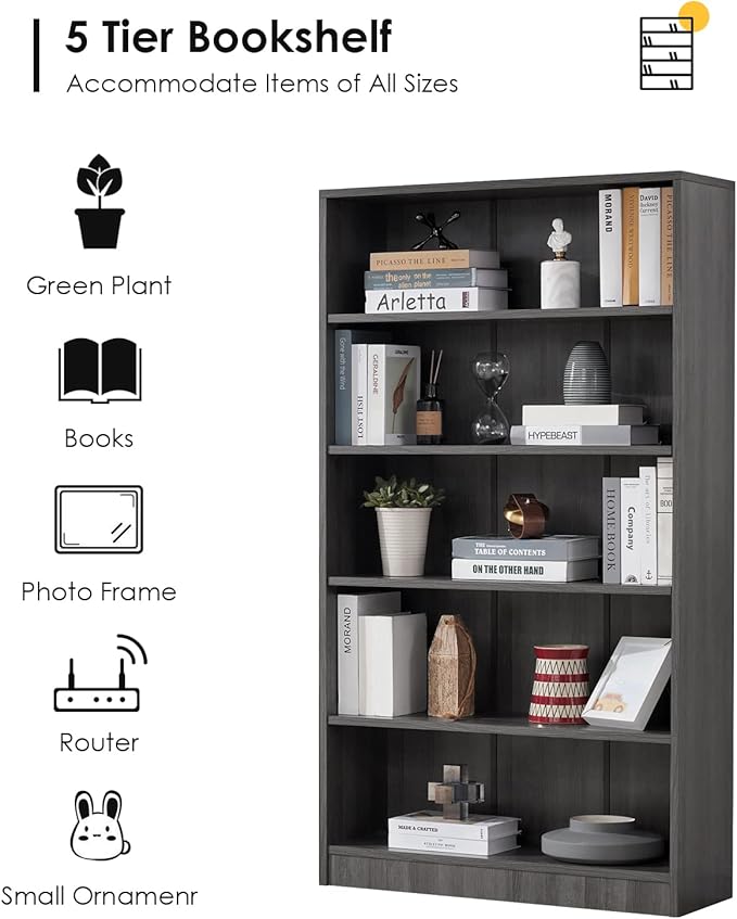Farini Grey Bookshelf for Bedroom 5 Shelf Office Bookcase 60 Inches Tall Modern Wood Bookshelf for Living Room 5 Tier Wide Manga Bookshelves Library Bookcase