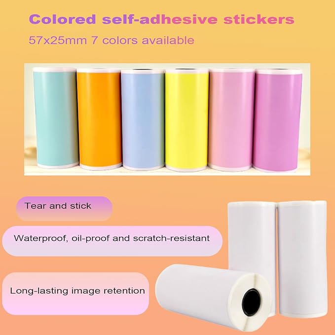57x25mm Thermal Sticker Paper, 10 Rolls for Mini Thermal Printers – Colorful Self-Adhesive Labels, Compatible with Mini Printers & Label Makers, for DIY, Office, Kids' Cameras