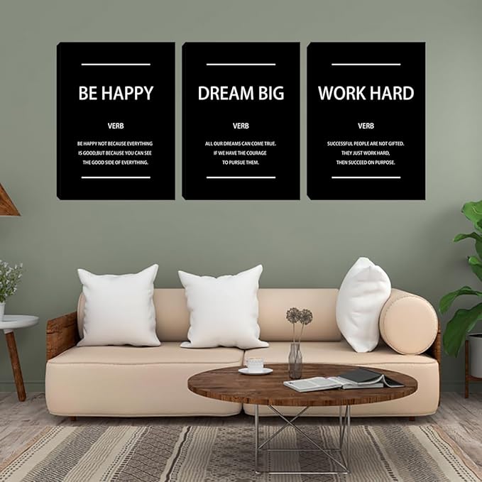 Unbruvo Motivational Office Wall Art, 3 Pieces Inspirational Canvas Wall Art, Dream Big Be Happy Work Hard Prints Poster Wall Decor for Living Room BedRoom Dorm(72" Wx36 H)