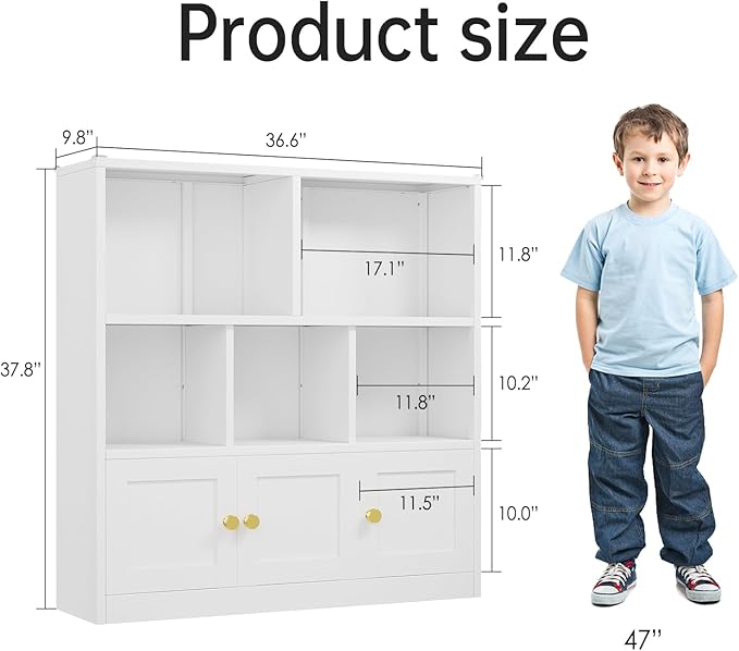 Kids Bookshelf and Toy Storage Organizer with 3 Cabinet and 5 Open Cubbies，Kids Toys Storage Organizer Shelf with Corner Guard，Multifunctional Floor Chest for Playroom and Kid's Room（White）